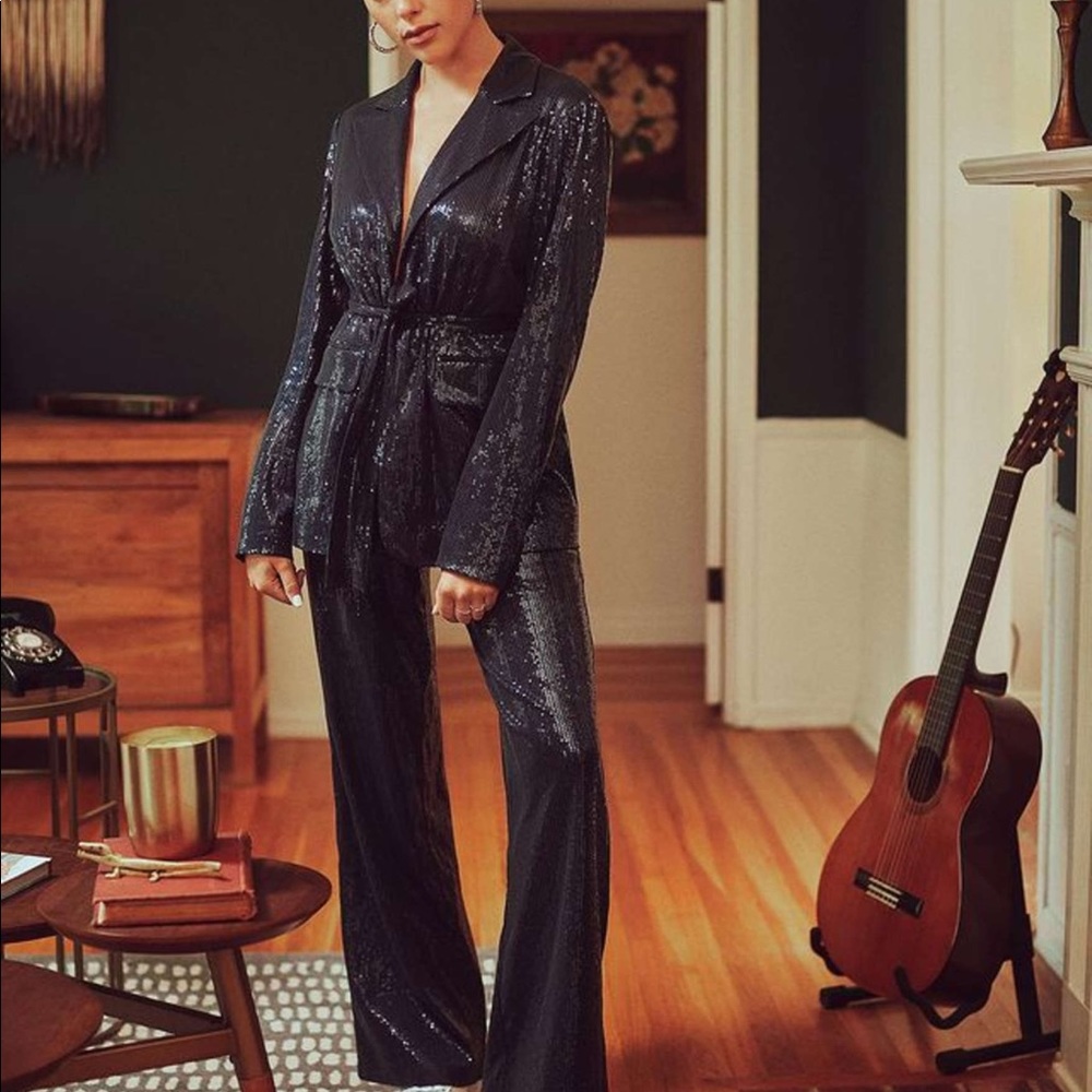 Sequin Wrap Blazer & Wide-Leg Jumpsuit - Black